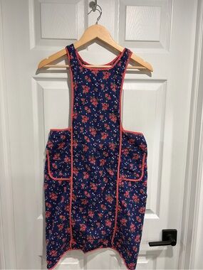 Vintage Rose Navy Floral Crossover Apron with Pink Trim Back Tie Waist